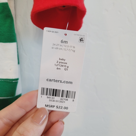 NWT Carter's Green & White Stripes Christmas Matching Set Infant Size 6 Months - Picture 8 of 10